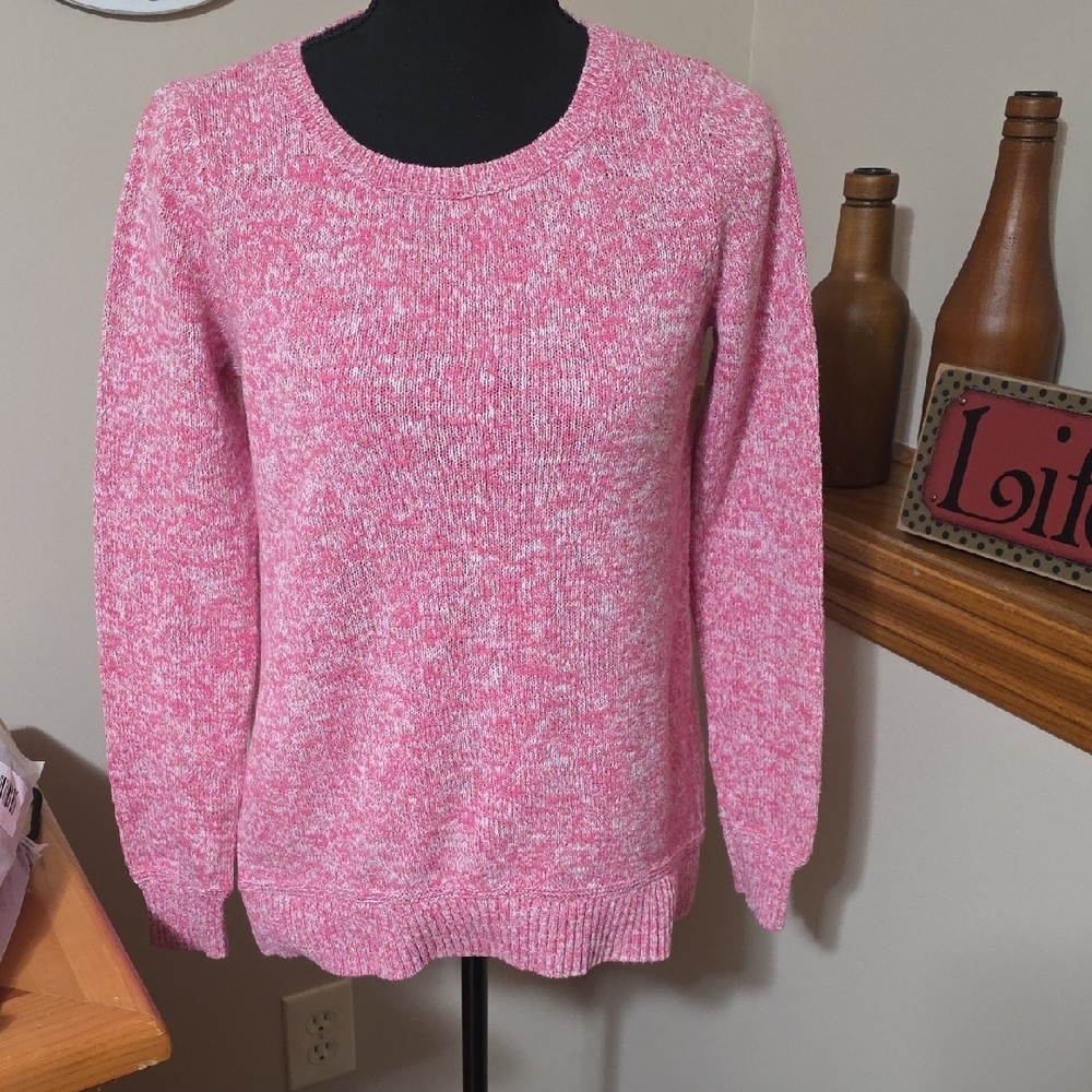 LOFT Pink and White Crew Neck Sweater